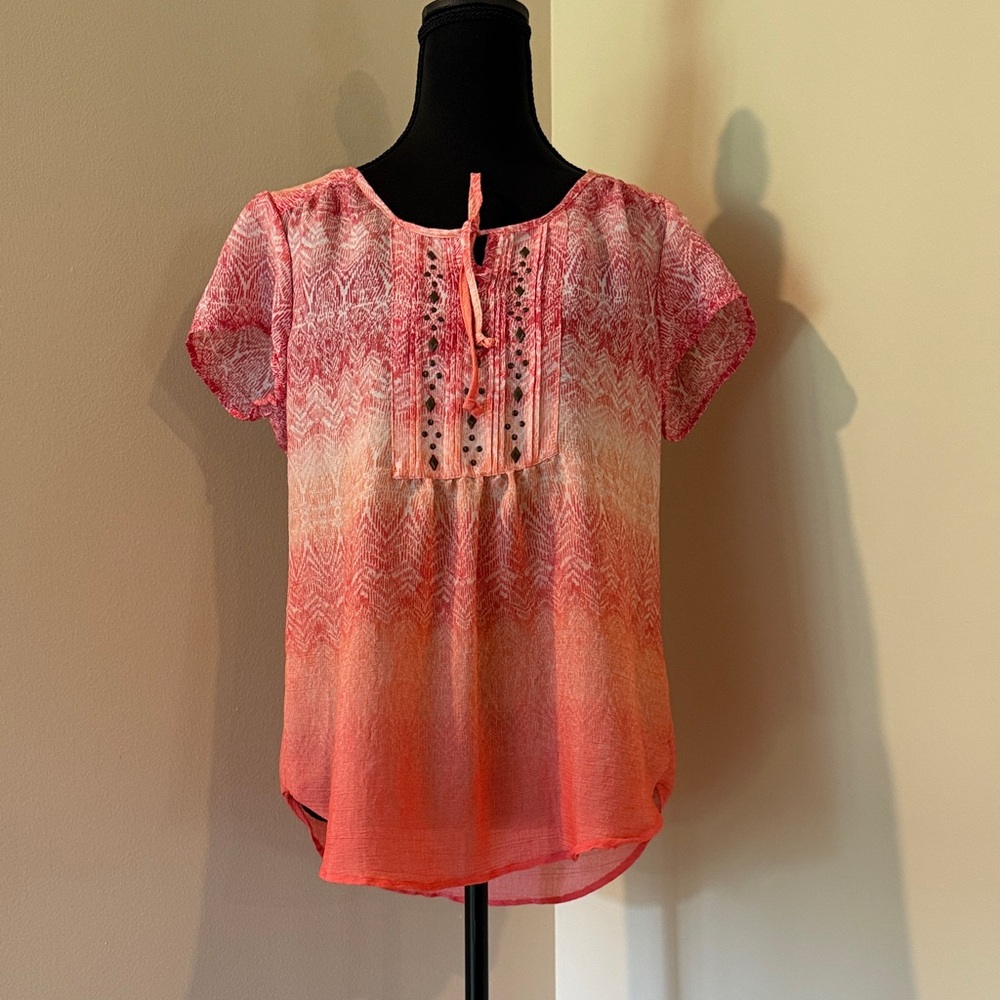 Laura Scott Pink to Coral Ombre Tie-Front Blouse